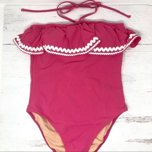 J. Crew Ruffle Bandeau One piece With Rickrack in Sweet Briar NWT - Picture 2 of 4